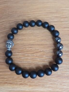 Buddha Bracelet, Black Onyx Beads, Stretch, Hand Crafted